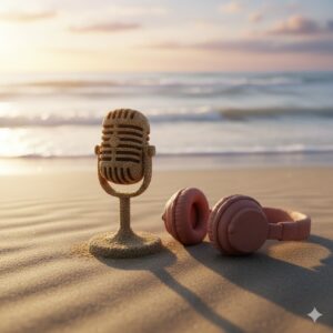 A podcast recording setup where everything is made of sand or clay - a microphone sculpted from wet sand, headphones molded from clay, all sitting on a beach or sandy surface. Signifies that nothing is set in stone with your podcast, and it can changed at any time to overcome perfectionism.