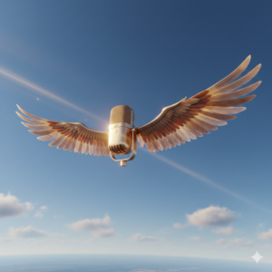 Podcast microphone with wings soaring through sky representing flying solo and independence in podcasting