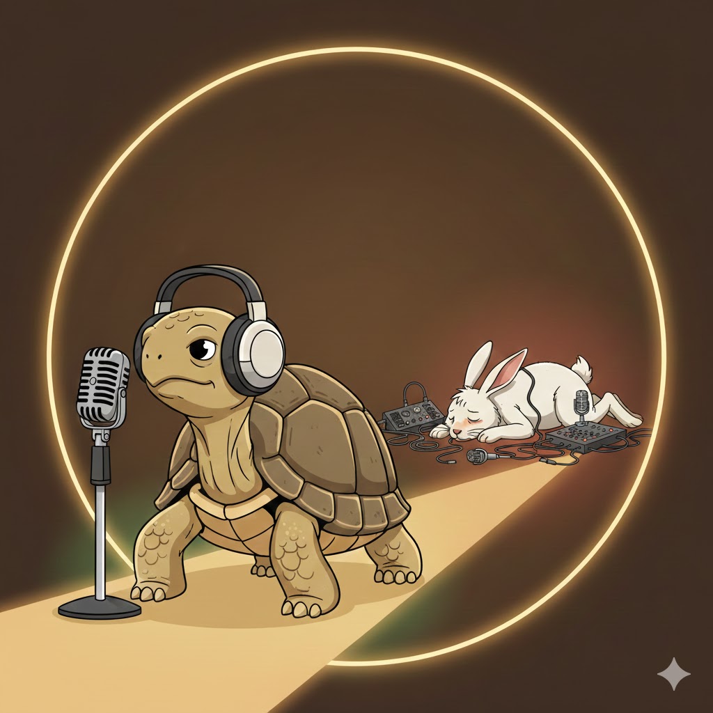 Confident tortoise wearing headphones stepping up to microphone with collapsed exhausted hare in background representing sustainable podcasting versus burnout