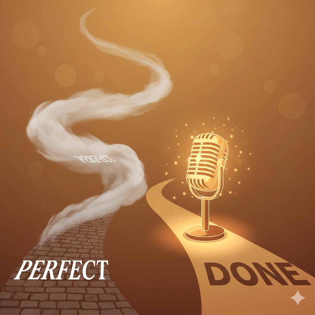 Podcast perfectionism concept - choosing done over perfect path illustration