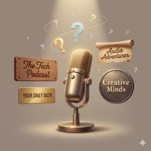Podcast microphone surrounded by name plates and question marks representing different podcast naming strategies and options