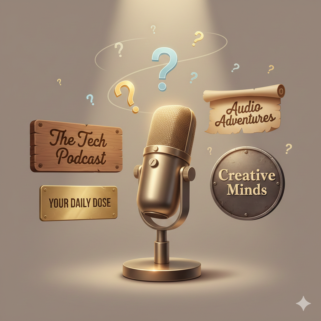 Podcast microphone surrounded by name plates and question marks representing different podcast naming strategies and options