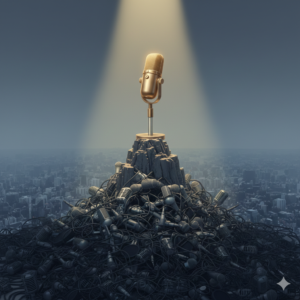 Podcast microphone standing confidently on top of a building overlooking a chaotic landscape of tangled microphones below, representing active podcasts rising above inactive competition