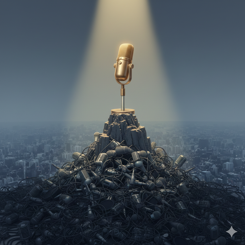 Podcast microphone standing confidently on top of a building overlooking a chaotic landscape of tangled microphones below, representing active podcasts rising above inactive competition