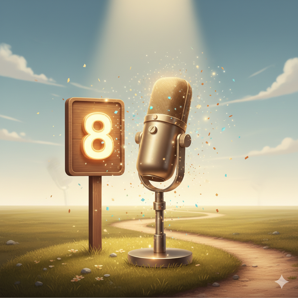 Podcast microphone standing next to a celebratory milestone marker displaying the number 8 with confetti and warm lighting, representing the achievement of reaching episode 8