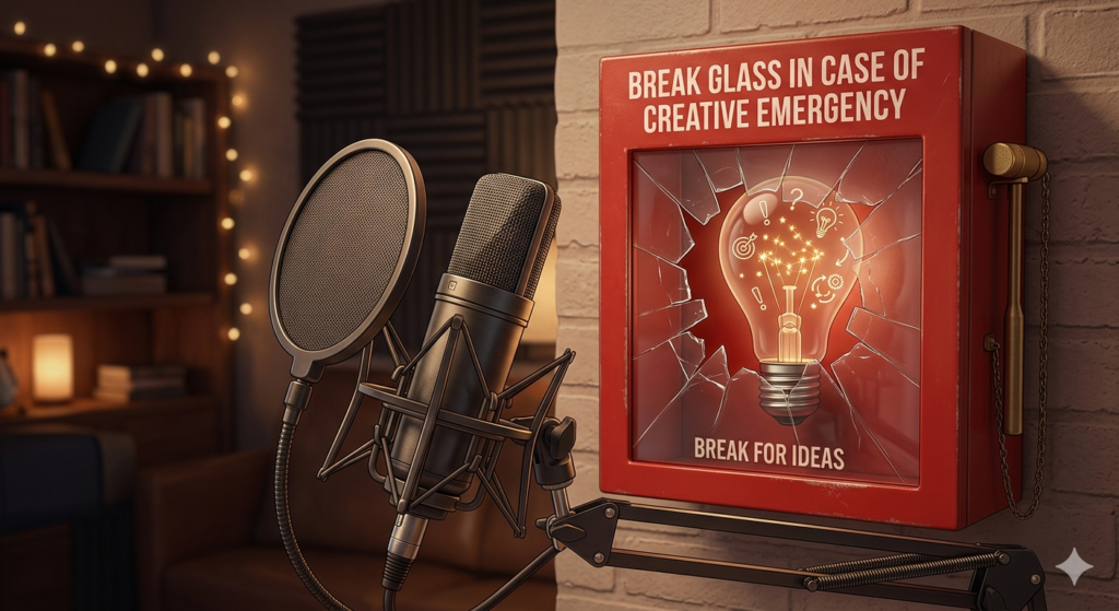 Podcast microphone in front of broken emergency glass box representing the break glass in case of emergency strategy for solo episode ideas