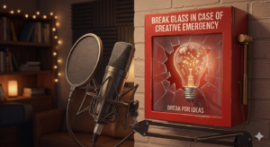 Podcast microphone in front of broken emergency glass box representing the break glass in case of emergency strategy for solo episode ideas