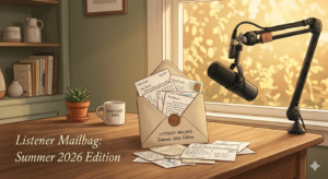 Podcast microphone with listener feedback notes and rolodex, representing the Summer 2026 mailbag episode of Podcast Permission Slip