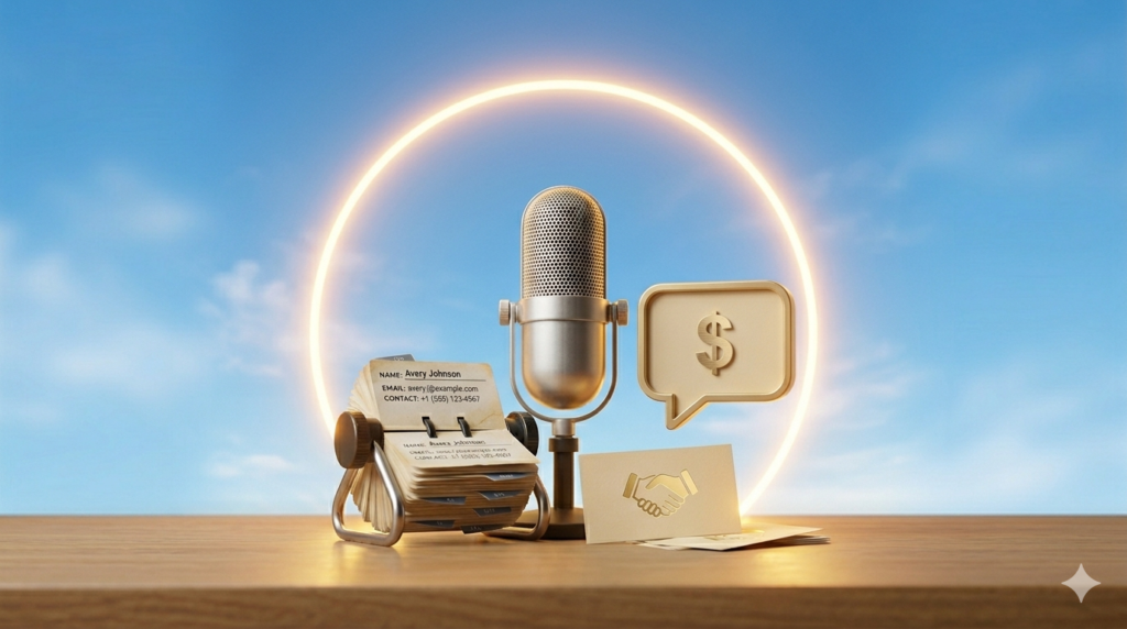 Podcast microphone with a rolodex representing the simple first step strategy for getting a podcast sponsor