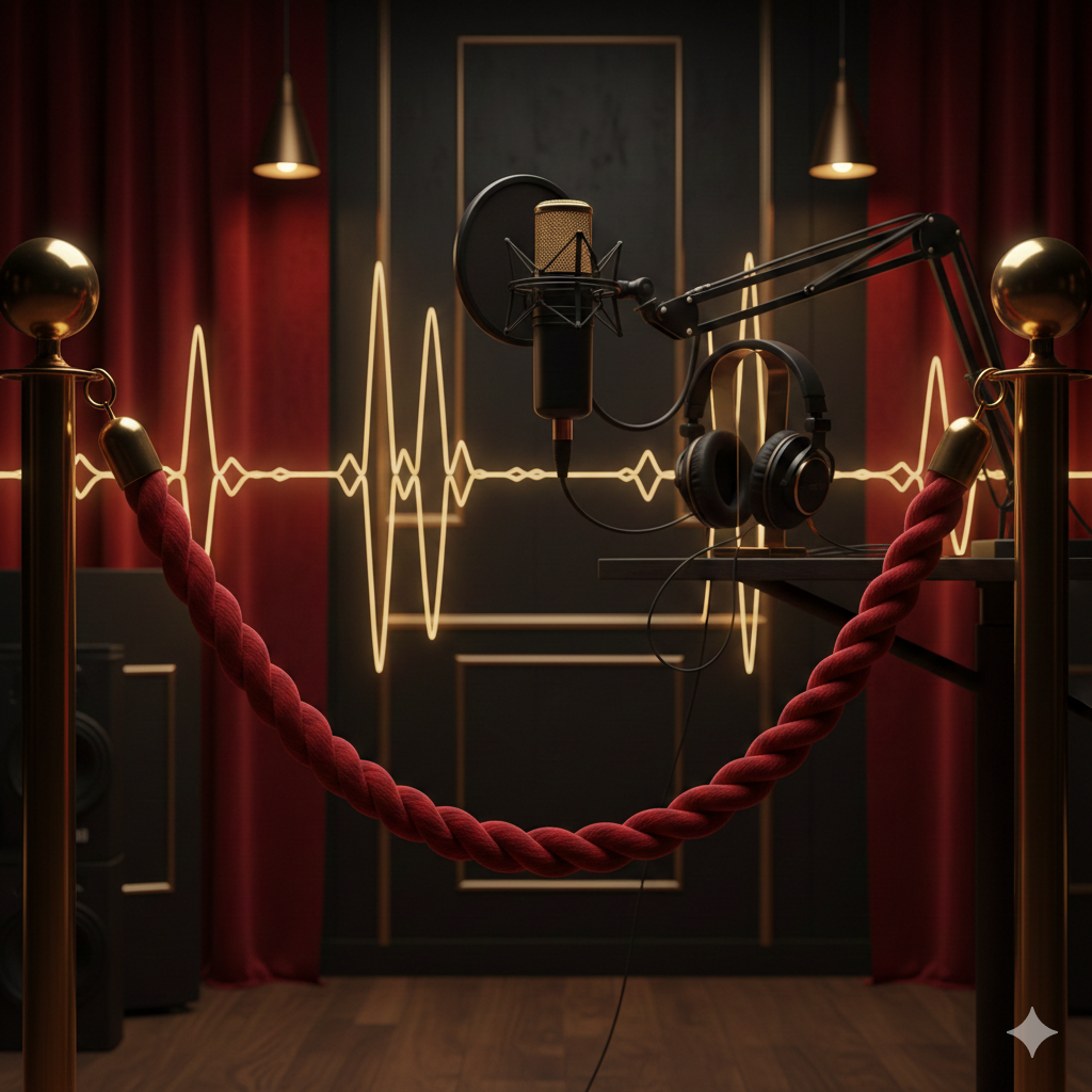 Red velvet rope in front of a podcast microphone and headphones, representing the Red Velvet Rope Policy episode of Podcast Permission Slip