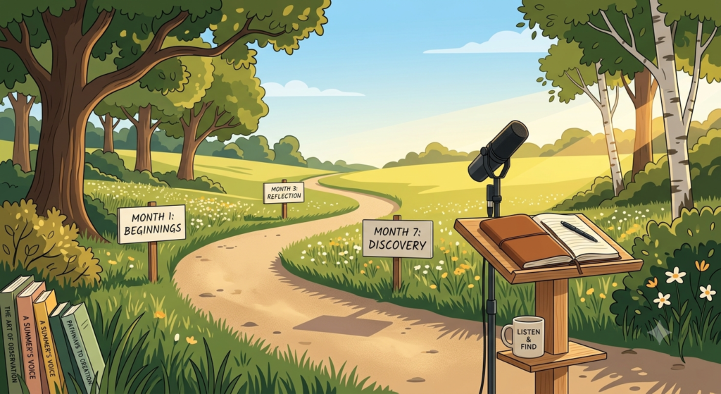 A winding summer path with podcast milestone signs and a microphone, representing a 7 month podcasting journey reflection on Podcast Permission Slip