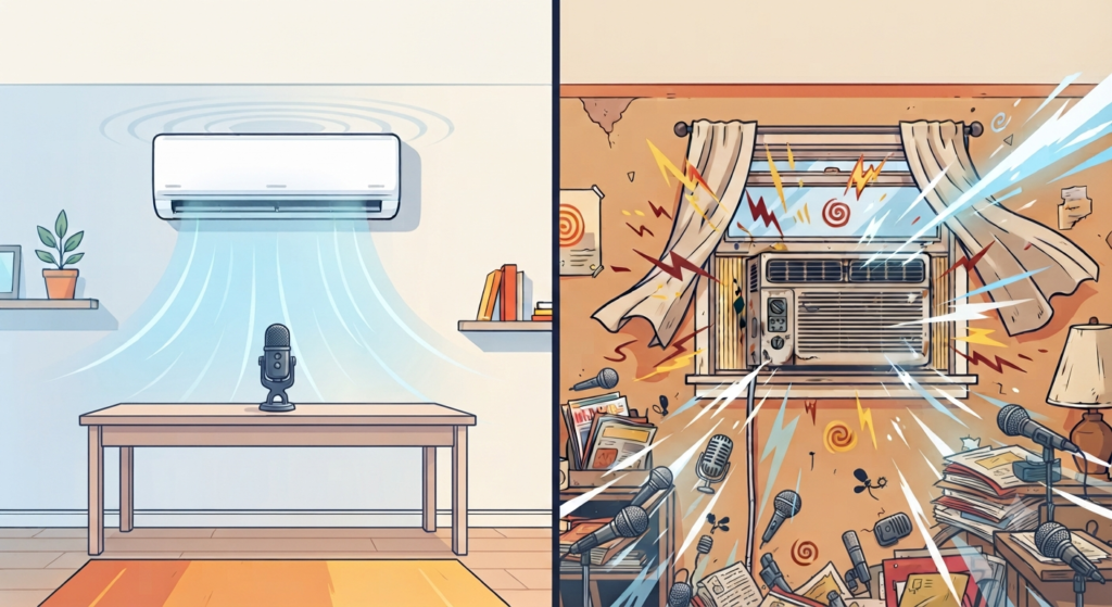 A split image showing a quiet mini split air conditioner on the left and a chaotic window unit on the right with microphones, representing the More More More podcast episode on Podcast Permission Slip