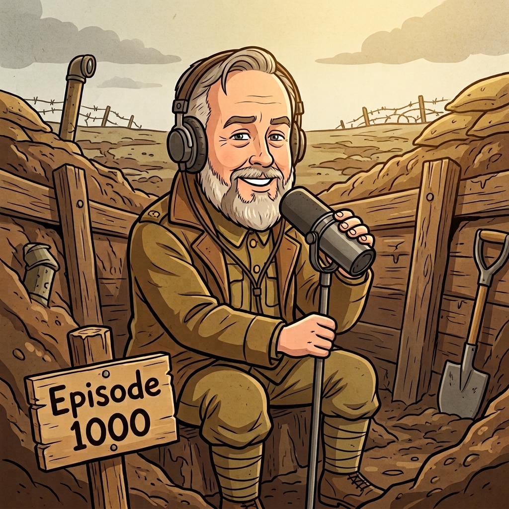 Cartoon illustration of Marc Mawhinney in a WWI trench holding a podcast microphone and wearing headphones with an Episode 1000 sign, representing his appearance on Podcast Permission Slip