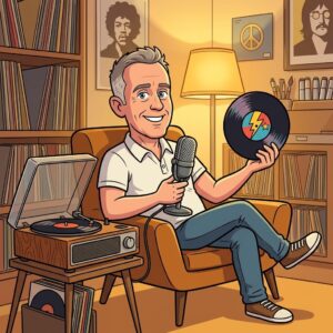 Cartoon illustration of Matt Mawhinney sitting in a cozy room with a record player and vinyl records, holding a podcast microphone, representing the Put the Needle Down episode of Podcast Permission Slip
