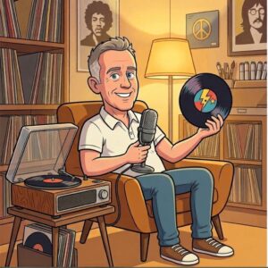 Cartoon illustration of Matt Mawhinney sitting in a cozy room with a record player and vinyl records, holding a podcast microphone, representing the Put the Needle Down episode of Podcast Permission Slip