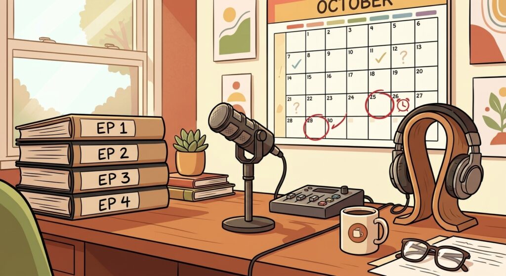 Cartoon illustration of a podcast desk setup with stacked episode files labeled EP1 through EP4, a microphone, headphones and an October calendar with a deadline circled in red, representing the falling behind on your podcast episode of Podcast Permission Slip